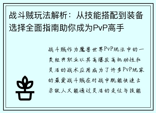 战斗贼玩法解析：从技能搭配到装备选择全面指南助你成为PvP高手