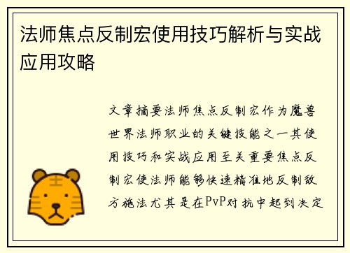 法师焦点反制宏使用技巧解析与实战应用攻略